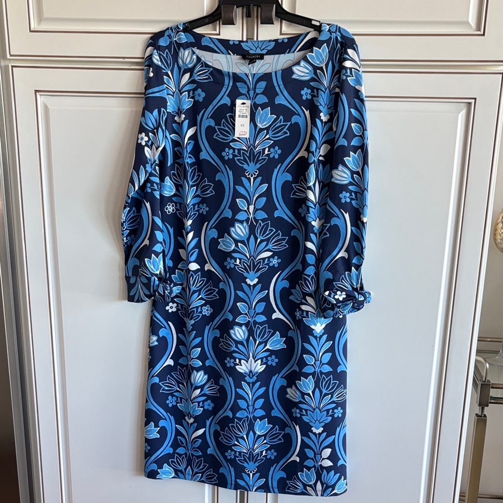 NWT Talbots Blue and White Floral Long Sleeve Dress